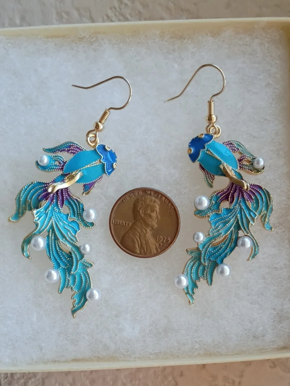 Betta Fish Enamel Pearl 3D Earrings Gold Toned